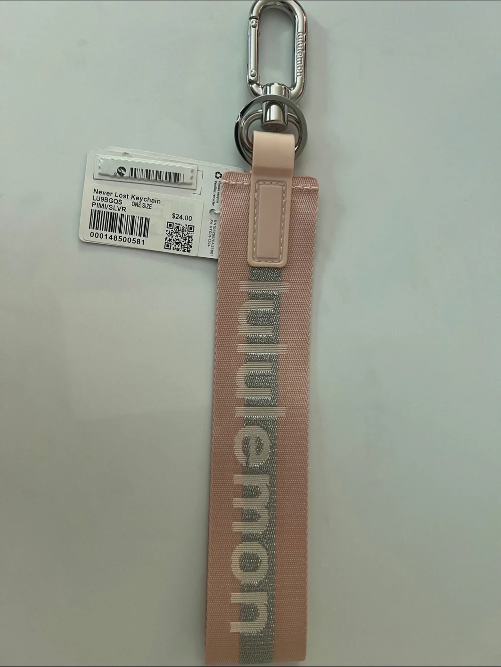 Lululemon PINK MIST and Silver Never Lost Keychain NWT